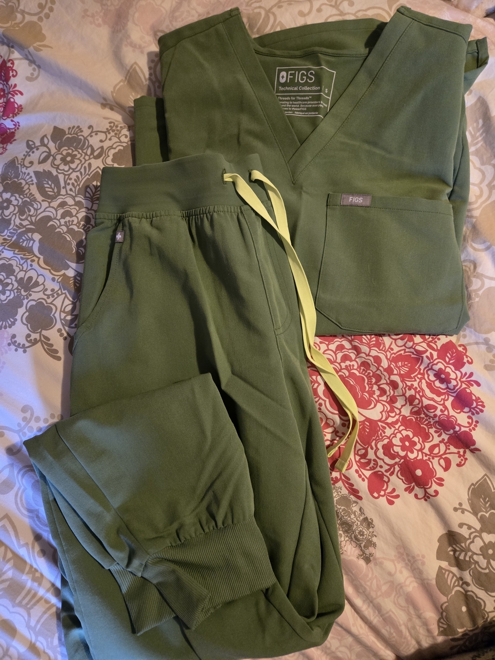 FIGS Olive Green V-Neck Scrub Top & Jogger Pants with Yellow Drawstring